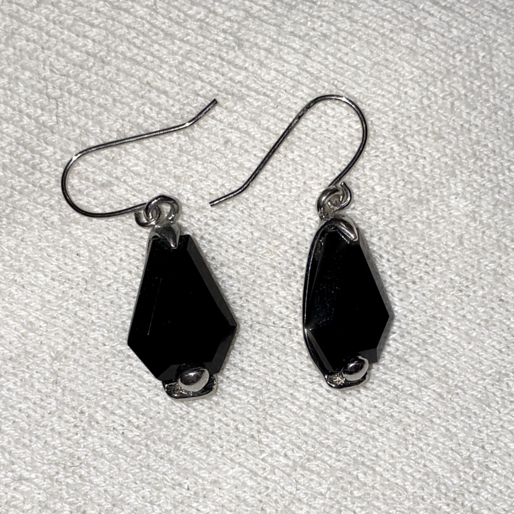 Silver and black stone drop earrings